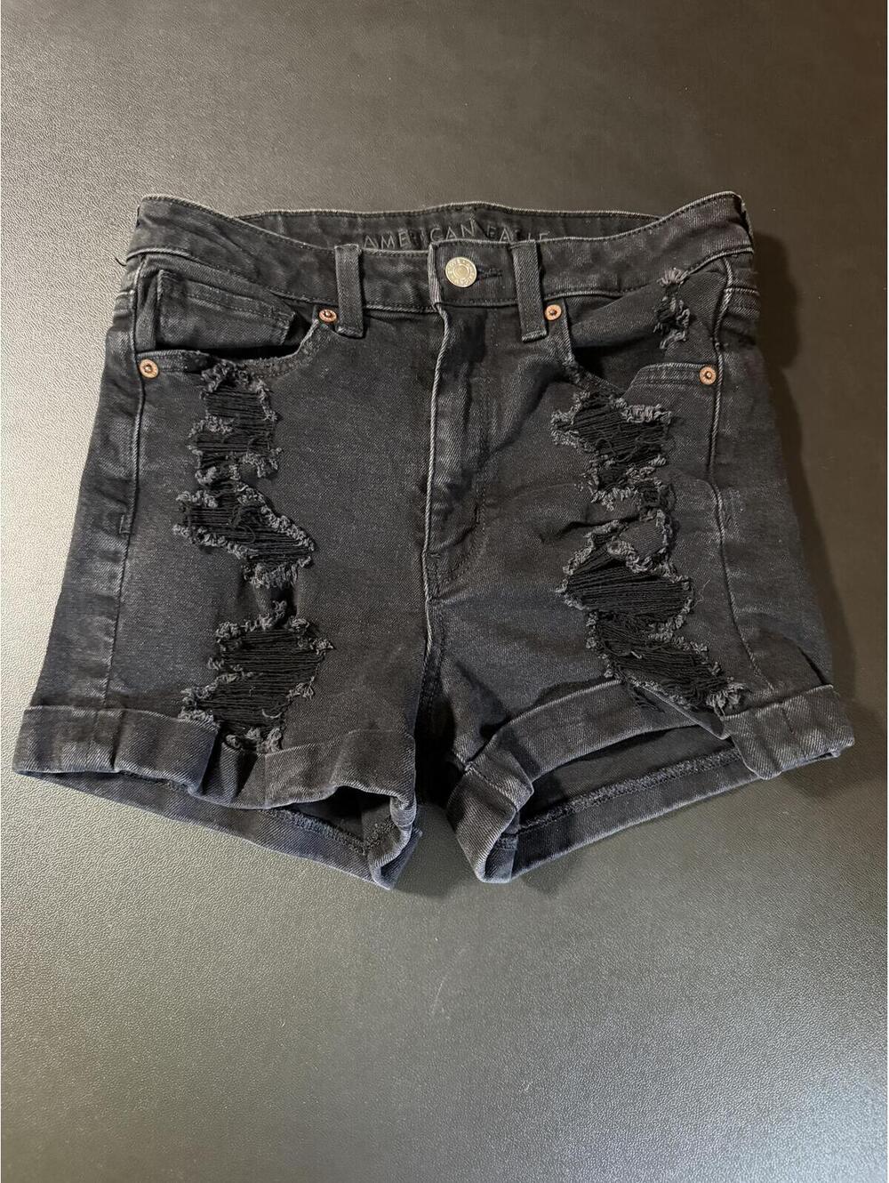 American Eagle Womens Black Distressed Denim Shorts Size 2 Stretch Rolled‎ Cuffs
